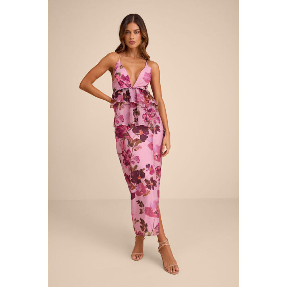 Lulus Abella Lilac Floral Peplum Lace-up Midi Dress Purple - Size XL